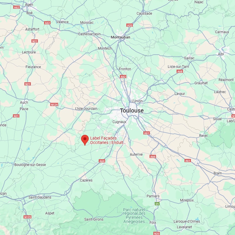Label Façades Occitanes : Localisation sur carte Occitanie Carte de la région Occitanie, France, affichant Toulouse et un marqueur pour Label Façades Occitanes | Enduit... au sud-ouest.