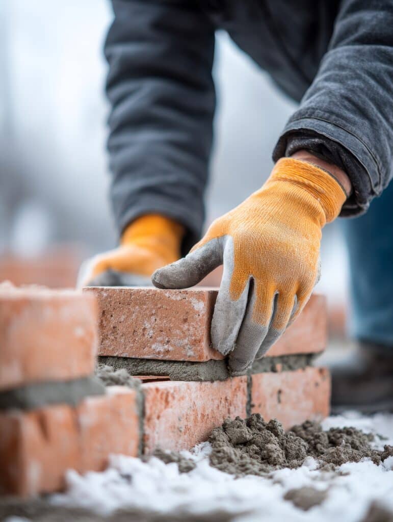 Maçonnerie hivernale : poser des briques avec des gants. Main gantée orange posant une brique sur du mortier, créant un mur en extérieur enneigé.