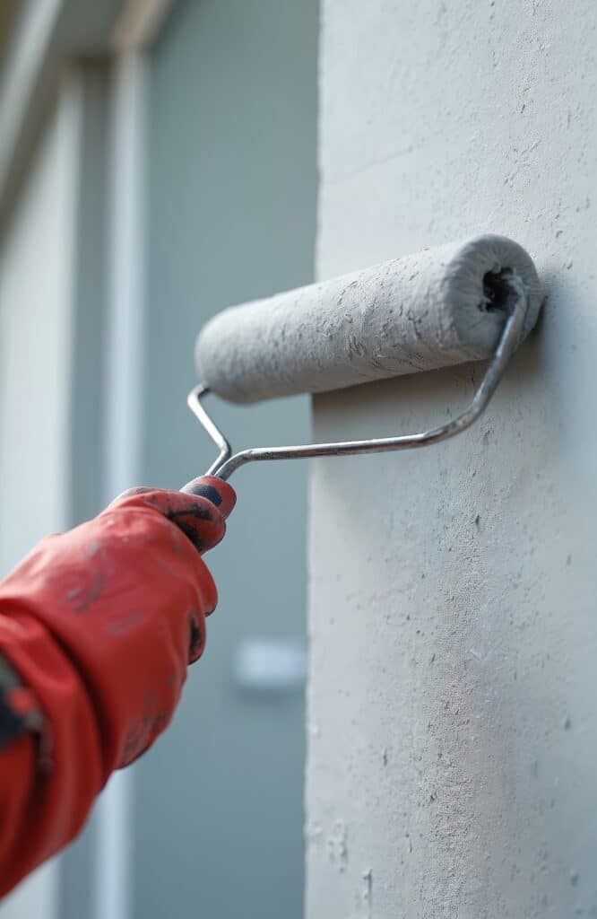 Rénovation murale : Application d'enduit gris au rouleau Main gantée de rouge appliquant de l'enduit gris avec un rouleau sur un mur texturé. Travaux de rénovation.
